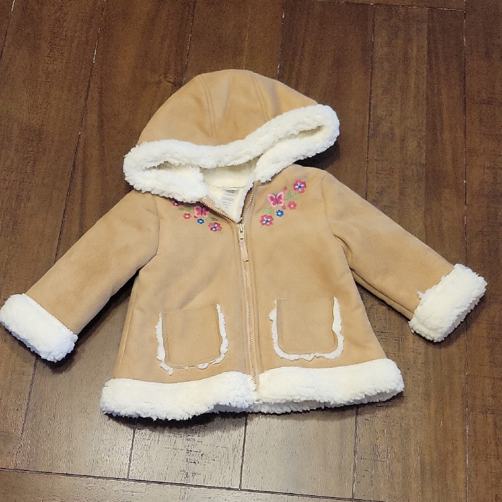Little Me Tan and Cream Embroidered Hooded Jacket